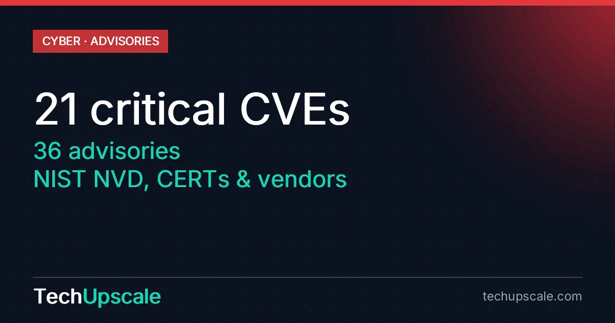 21 critical CVEs, 36 advisories, NIST NVD, CERTs & vendors