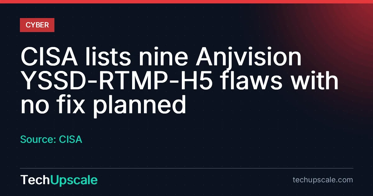 CISA lists nine Anjvision YSSD-RTMP-H5 flaws with no fix planned. Source: CISA