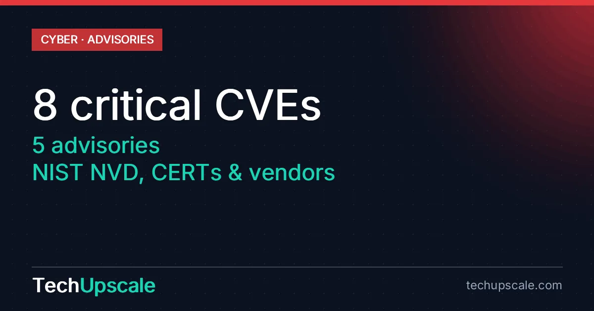 8 critical CVEs , 5 advisories , NIST NVD, CERTs & vendors