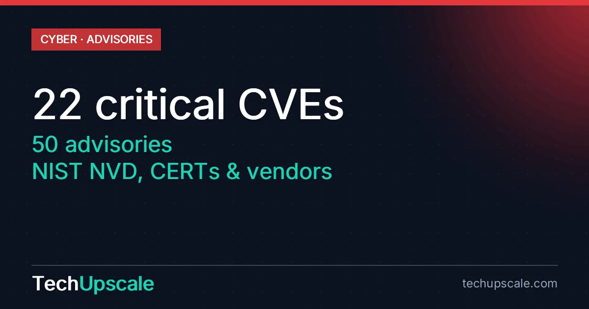 22 critical CVEs, 50 advisories, NIST NVD, CERTs & vendors