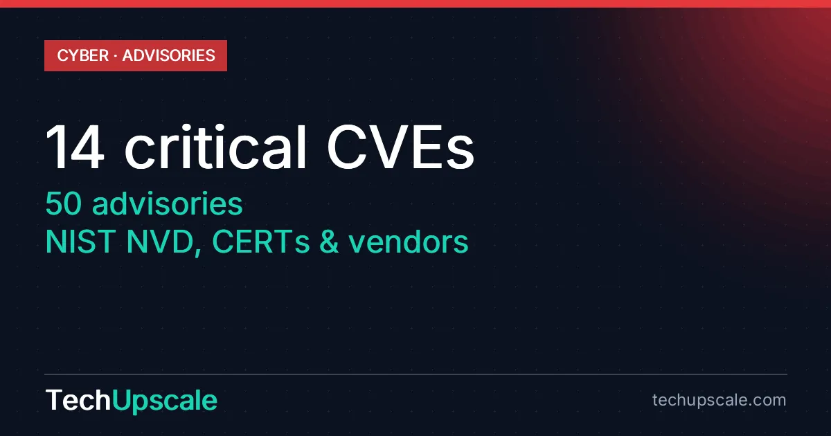 14 critical CVEs, 50 advisories, NIST NVD, CERTs & vendors