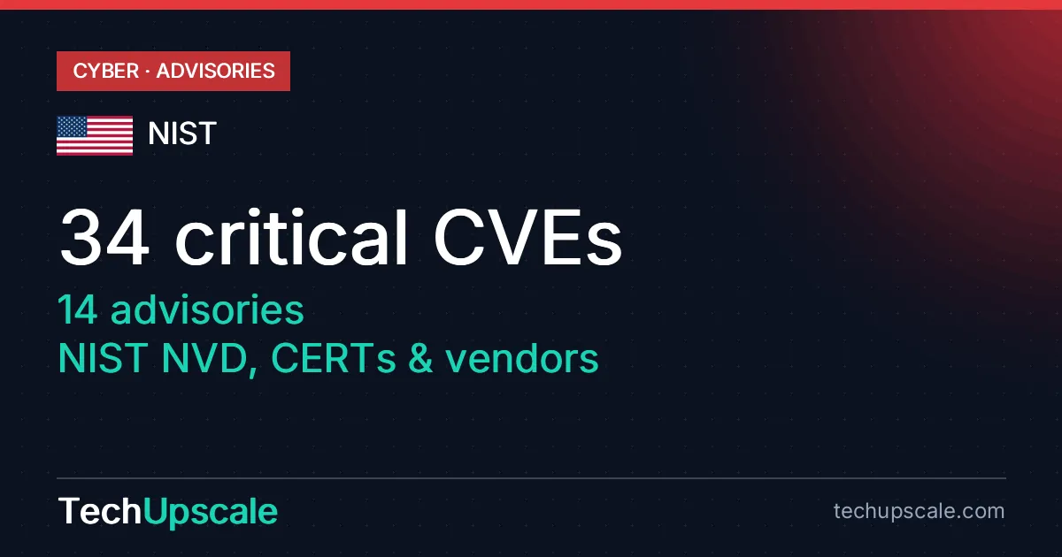 34 critical CVEs, 14 advisories, NIST NVD, CERTs & vendors