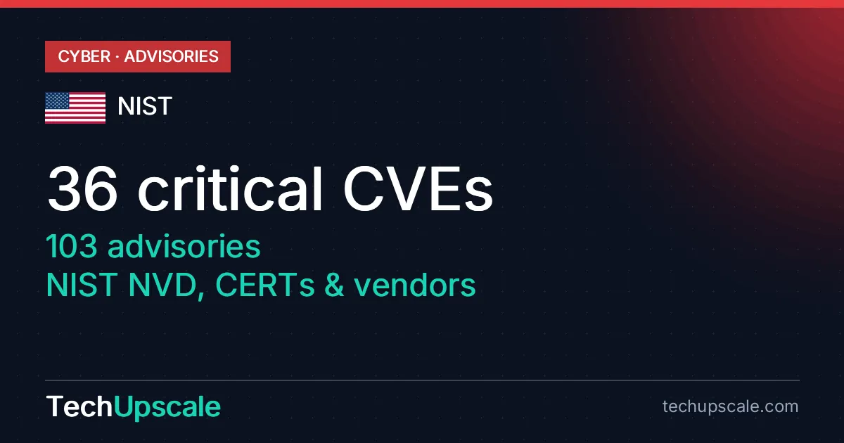 36 critical CVEs, 103 advisories, NIST NVD, CERTs & vendors