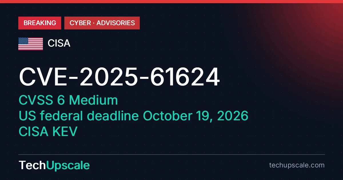 CVE-2025-61624, CVSS 6 Medium, US federal deadline October 19, 2026, CISA KEV