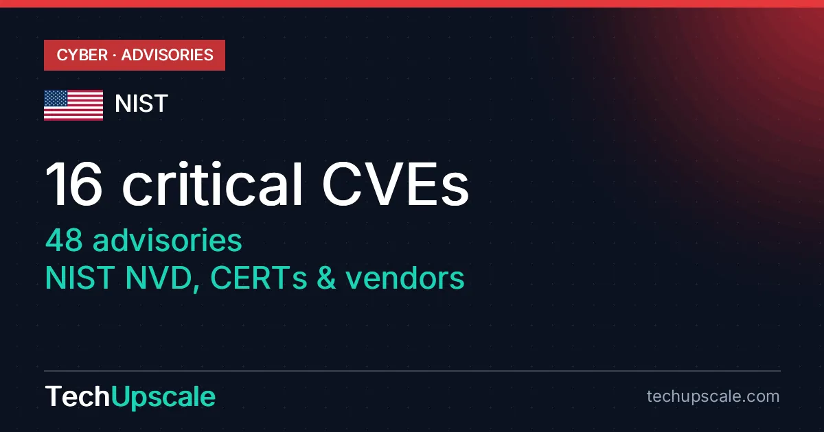 16 critical CVEs, 48 advisories, NIST NVD, CERTs & vendors