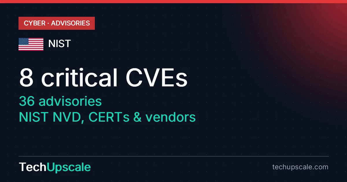 8 critical CVEs, 36 advisories, NIST NVD, CERTs & vendors