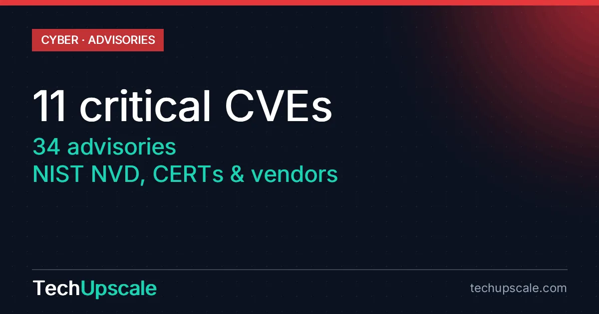 11 critical CVEs, 34 advisories, NIST NVD, CERTs & vendors