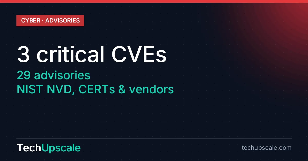 3 critical CVEs, 29 advisories, NIST NVD, CERTs & vendors