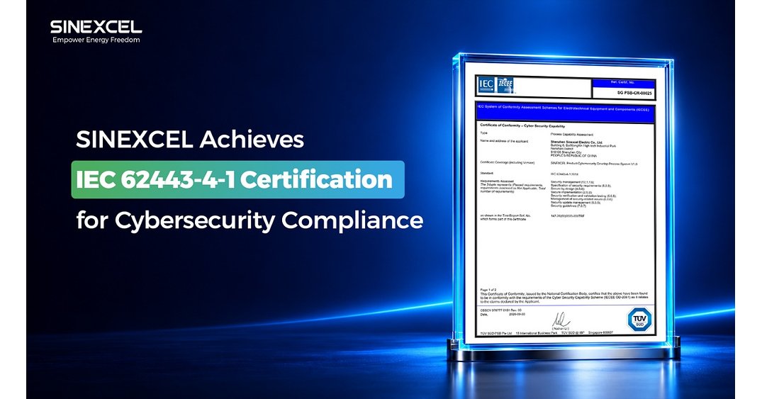 Sinexcel secures IEC 62443-4-1 cybersecurity certification