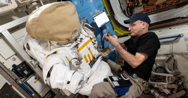 Astronaut Don Pettit inspects a spacesuit.