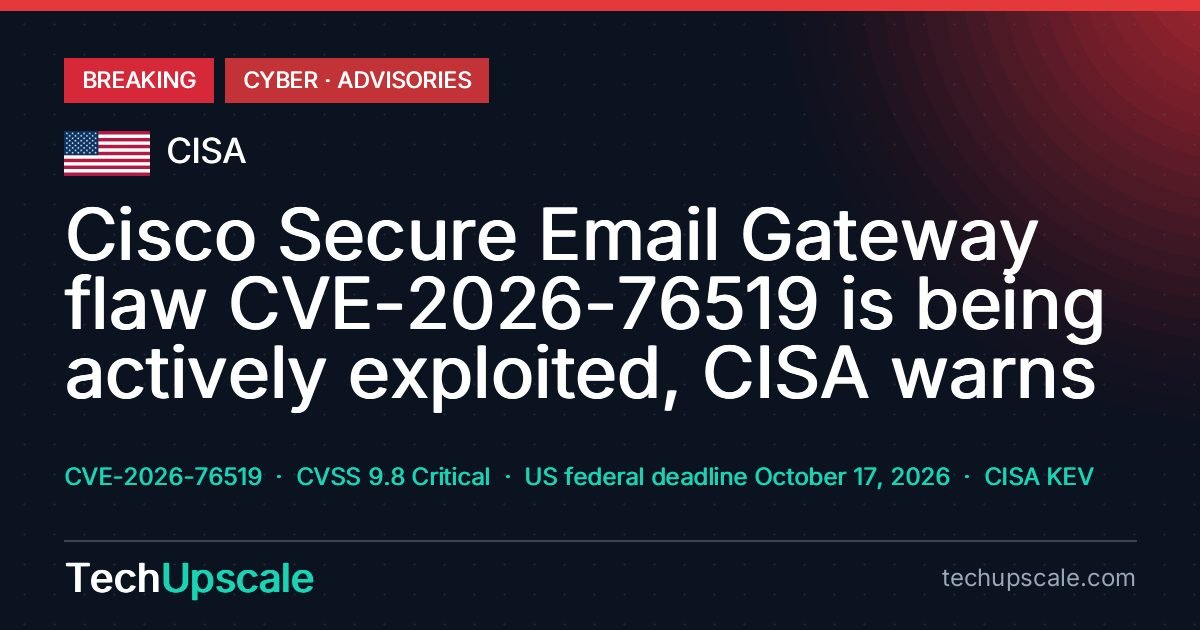 Cisco Secure Email Gateway flaw CVE-2026-76519 is being actively exploited, CISA warns